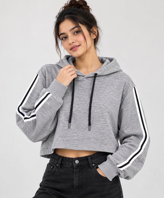 Sporty Striped Cropped Hoodie Grey