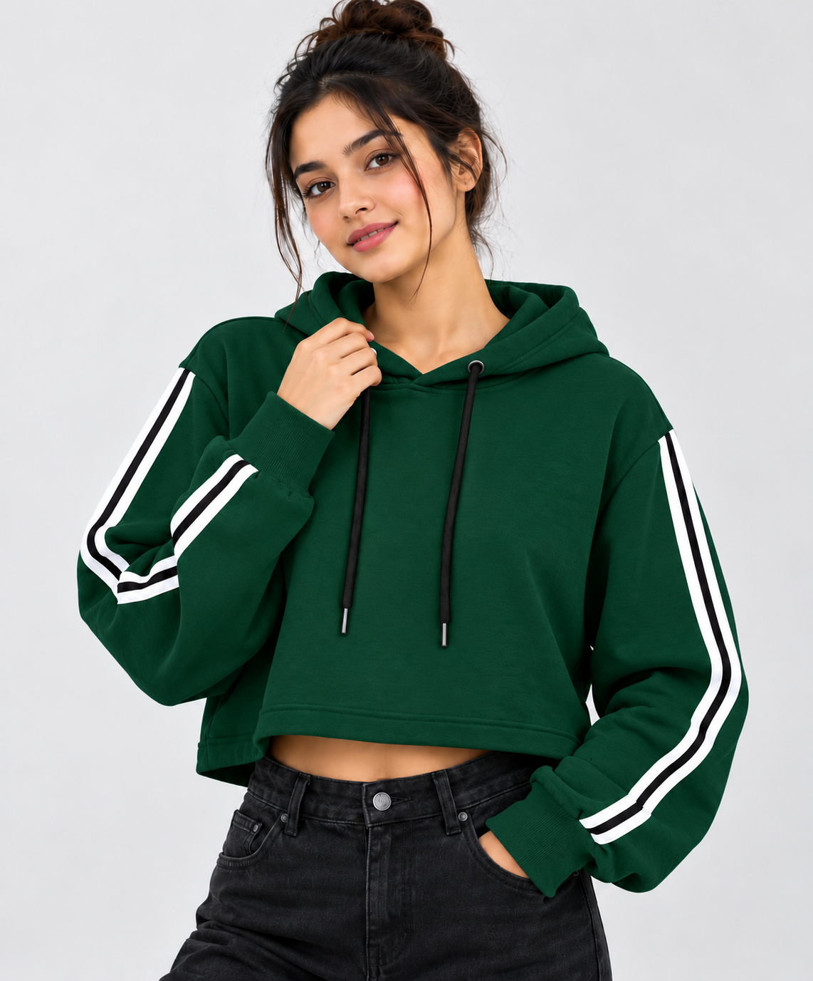 Sporty Striped Cropped Hoodie Bottle Green