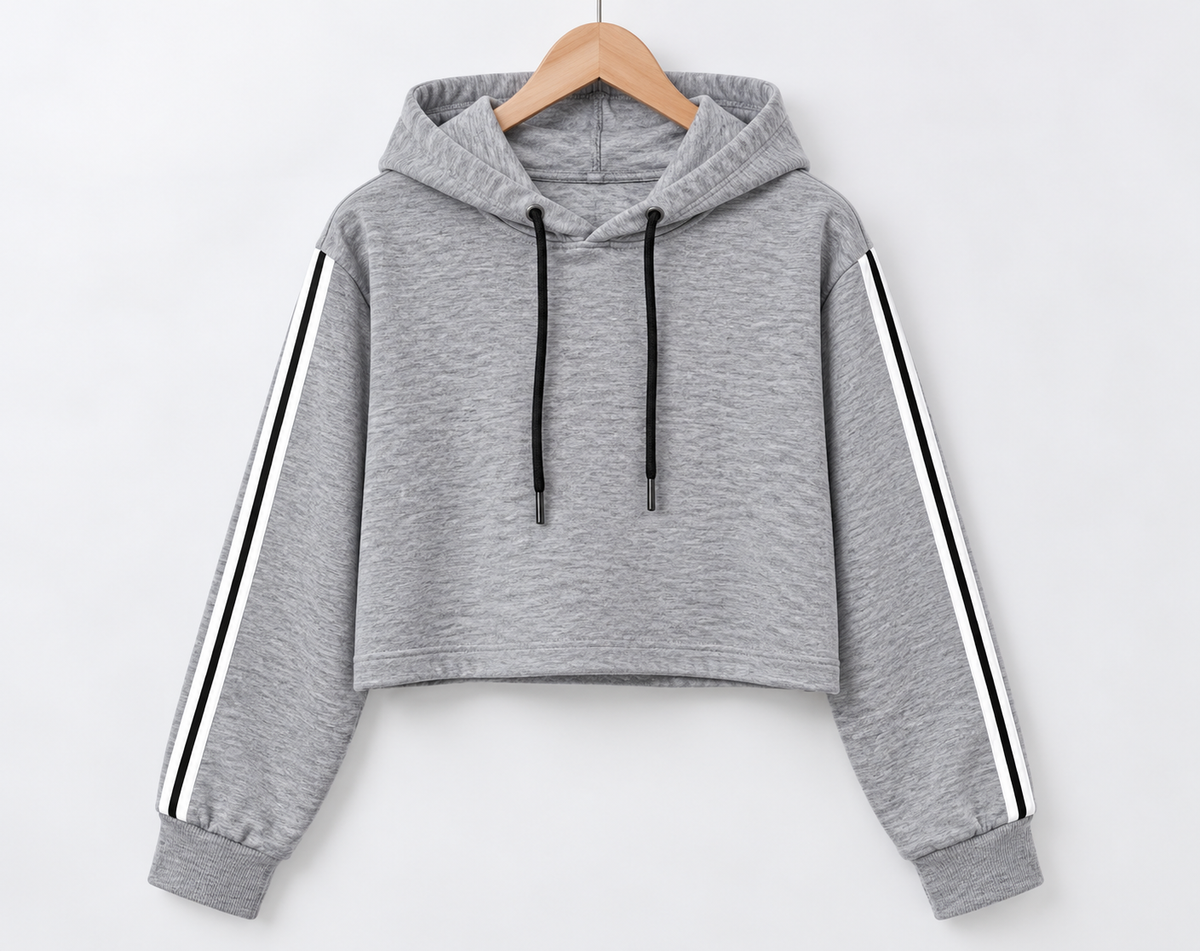 Sporty Striped Cropped Hoodie Grey