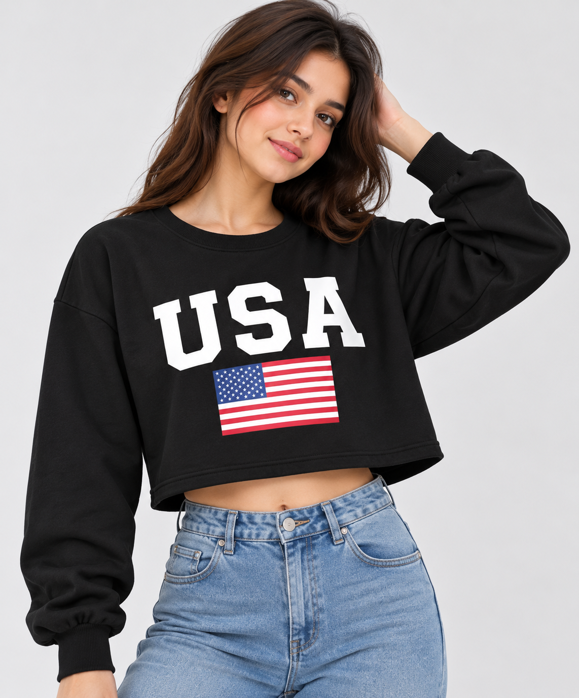 USA Graphic Cropped Sweatshirt Black