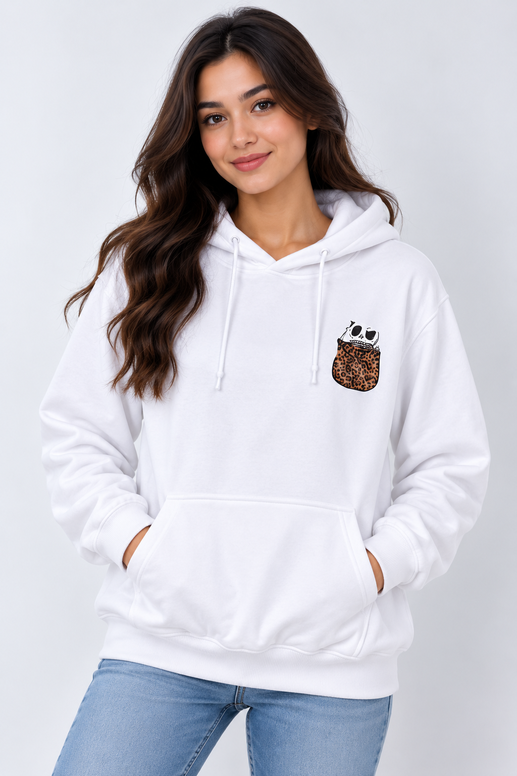 Leopard Print Pocket Graphic Oversized Hoodie White