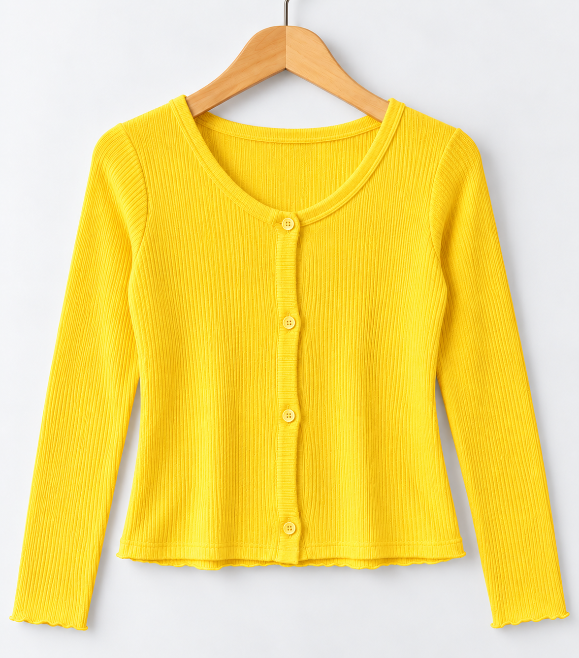 Ribbed Long-Sleeve Button-Front Top Yellow