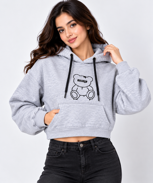 Teddy Bear Print Cropped Hoodie Grey