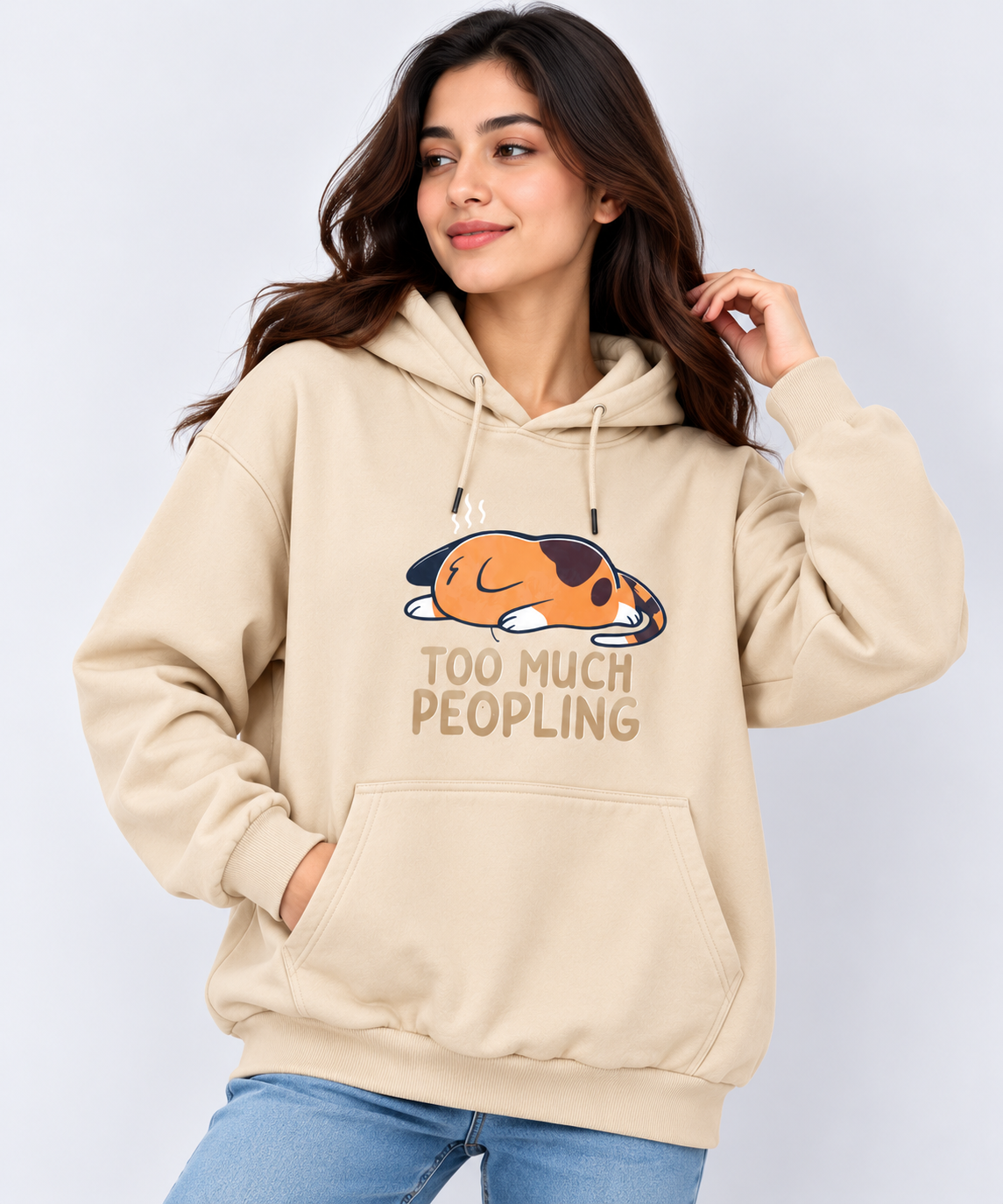 Too Much Peopling Cat Graphic Oversized Hoodie Beige