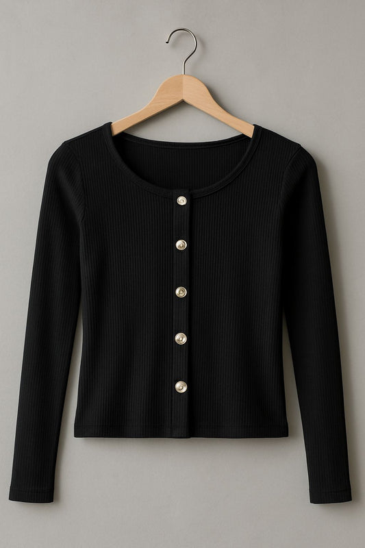 Round Neck Full Sleeves Button Top