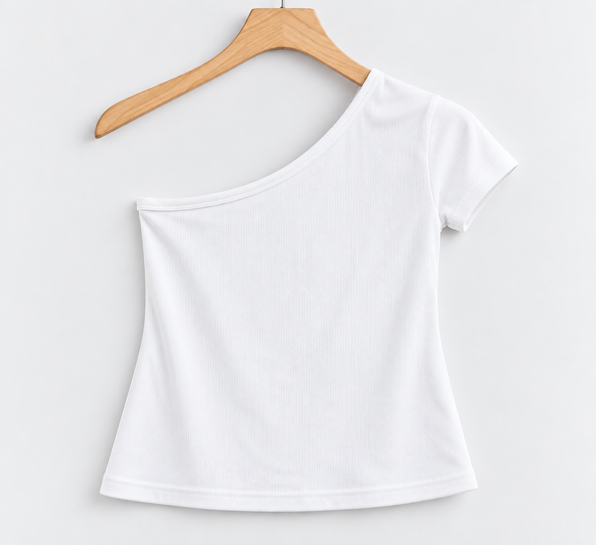 One-Shoulder Short Sleeve Ribbed Top White