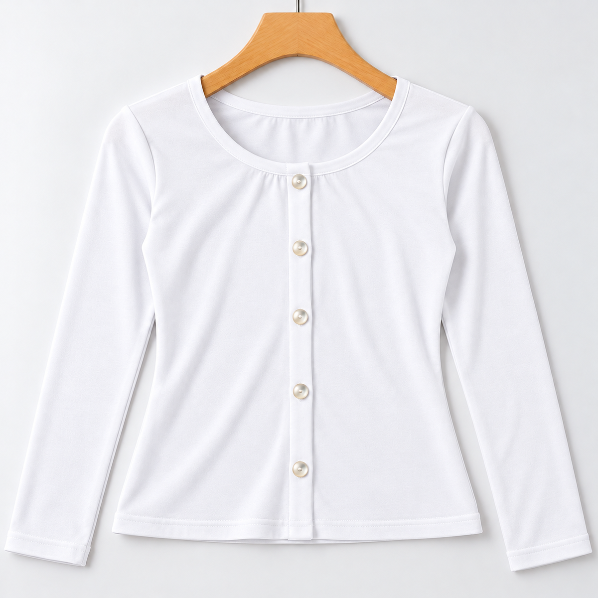 Round-Neck Full Sleeve Button-Front Ribbed Top White