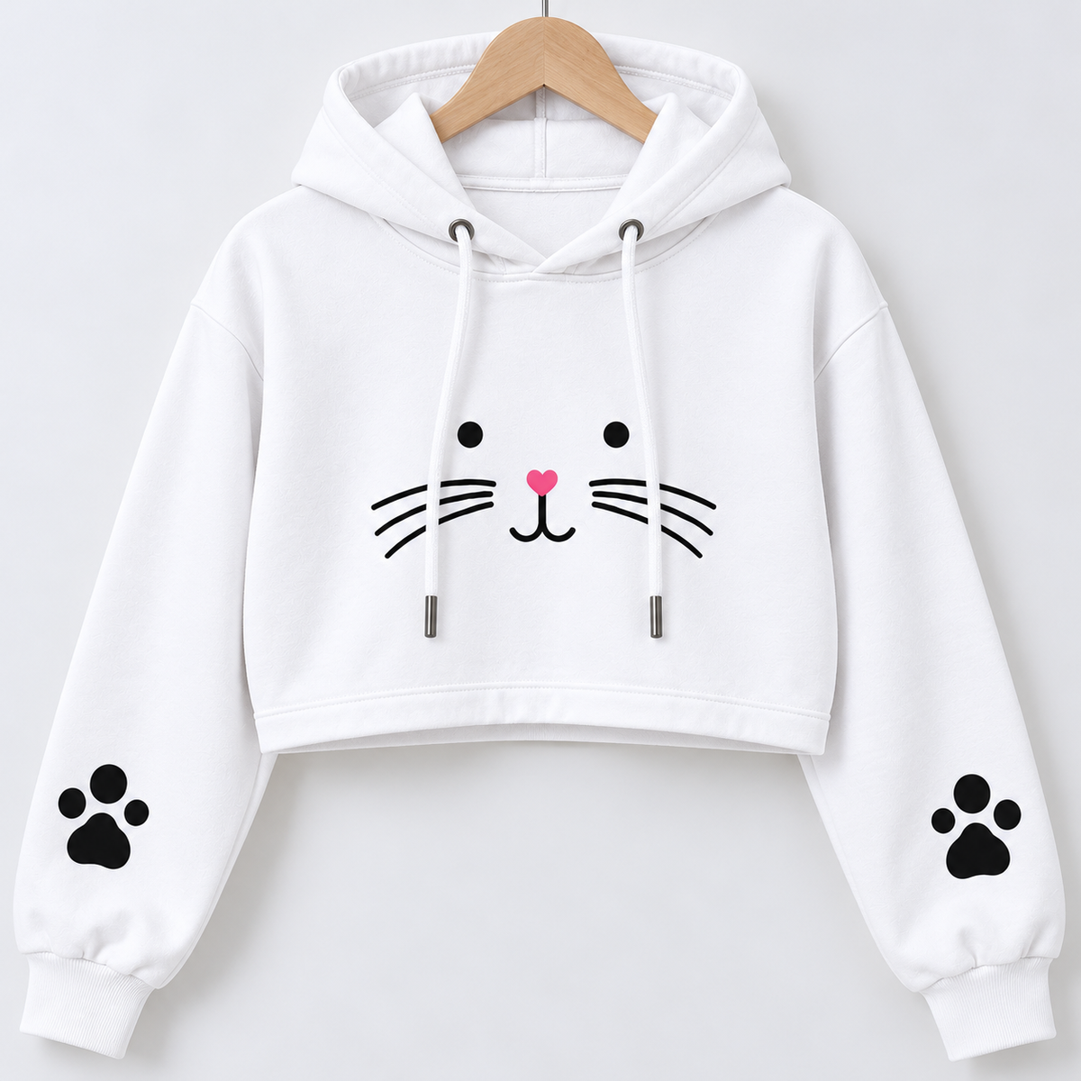 Cat Paw Print Cropped Hoodie White