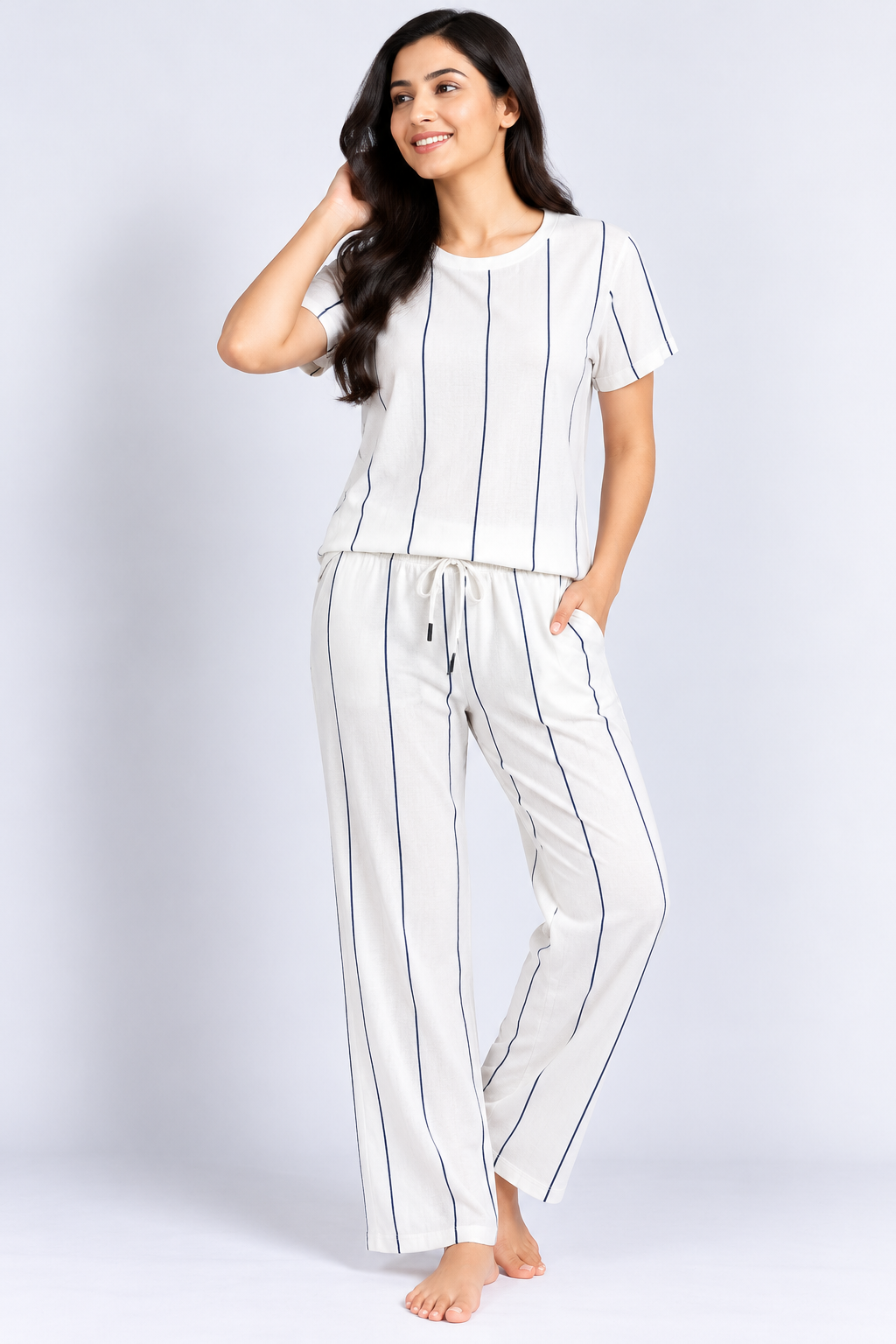 White Navy Blue Striped Half-Sleeve Coord Set