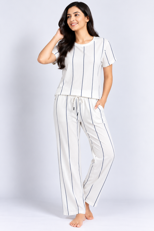 White Navy Blue Striped Half-Sleeve Coord Set