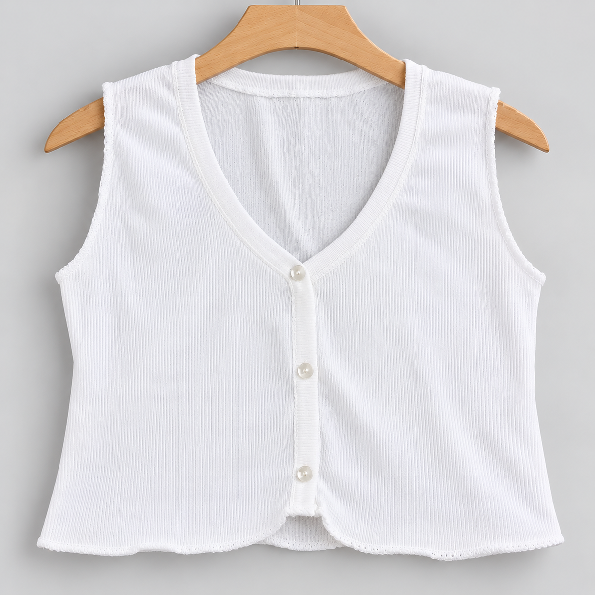 Ribbed Button-Front Sleeveless V-Neck Top White