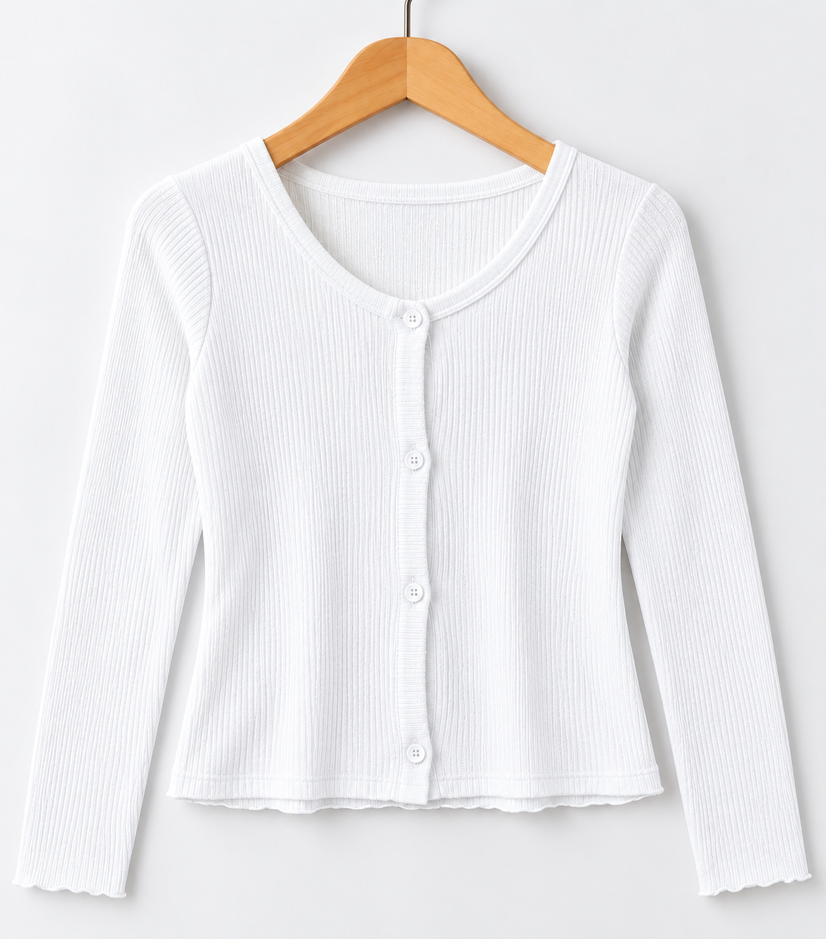 Ribbed Long-Sleeve Button-Front Top White