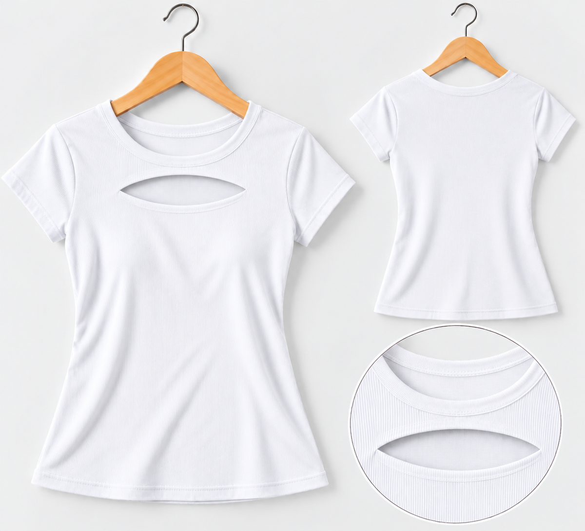 Ribbed Front Cut-Out Short-Sleeve Top White