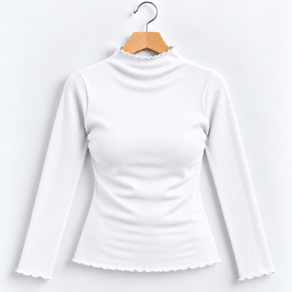 Ribbed Seamless High-Neck Long-Sleeve Top White