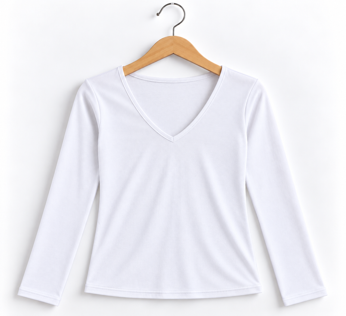 V- Neck Full Sleeve Ribbed Top White