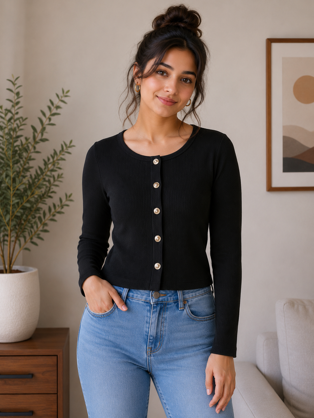 Round Neck Full Sleeves Button Top