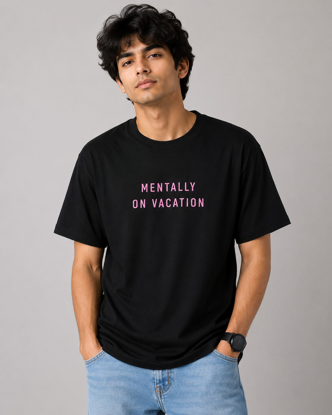 Mentally On Vacation Regular Pink Fit T-Shirt