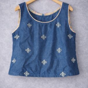 Blue Embroidered Denim Crop Top