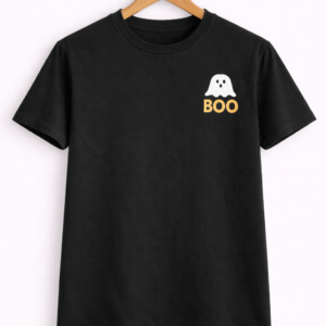 Men’s Black Half Sleeve T-Shirt with “BOO” Ghost Print