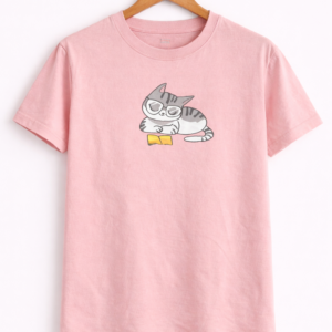 Women’s Pink Half Sleeve T-Shirt with Cute Cat & Book Graphic