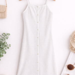 White Ribbed Button-Down Midi Dress