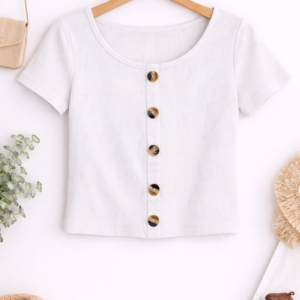 White Ribbed Button Front Crop Top
