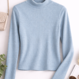 Pastel Blue Ribbed Turtleneck Top
