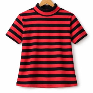 Red & Black Striped High Neck Top