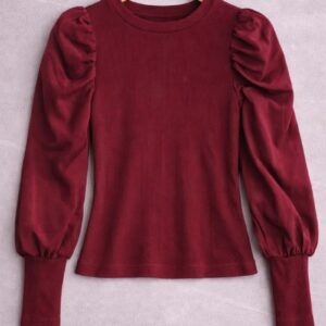 Burgundy Puff Sleeve Ribbed Top