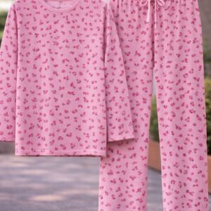 Rose Petal Printed Full Sleeve Lounge Set Full T-Shrit full Paint