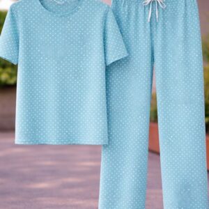 Aqua Polka Lounge Co-Ord Set Half T-Shrit full Paint