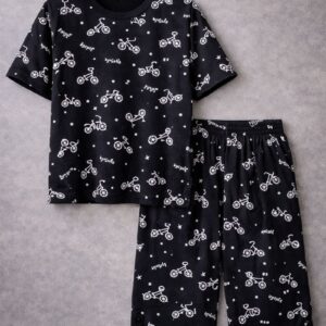 Bicycle Print Nightwear Co-Ord Set Half Tshrit Half Short