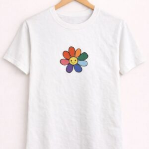 White Smiley Flower Printed T-Shirt